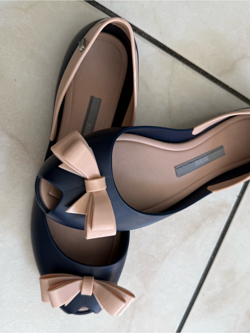 Women’s Navy Blue and Blush Bow Peep-Toe Flats